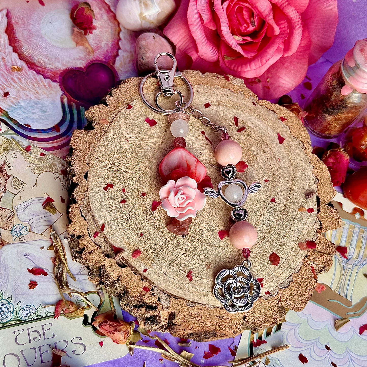 breloque de sac / porte-clés ange rose ~ quartz rose & quartz fraise
