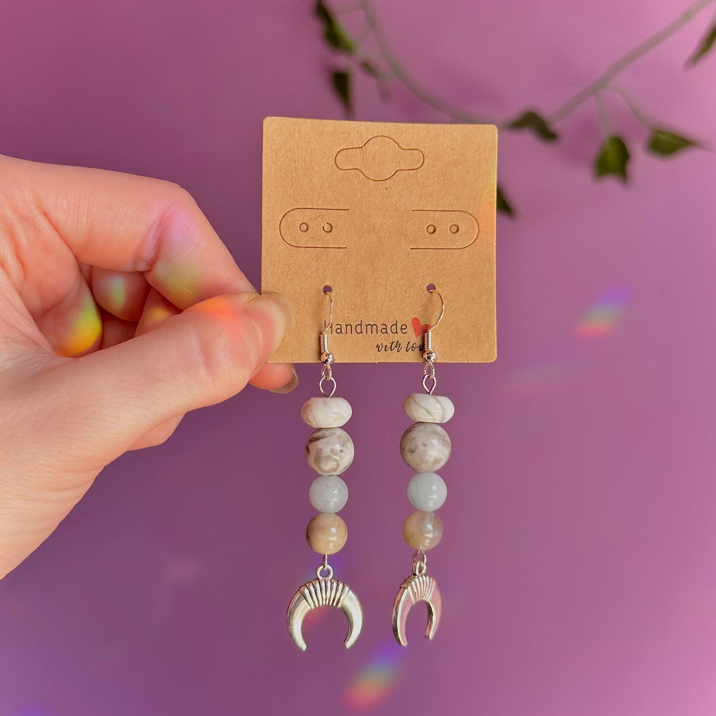 moon earrings on 925 hooks ~ howlite, crazy lace agate, aquamarine, mookaite