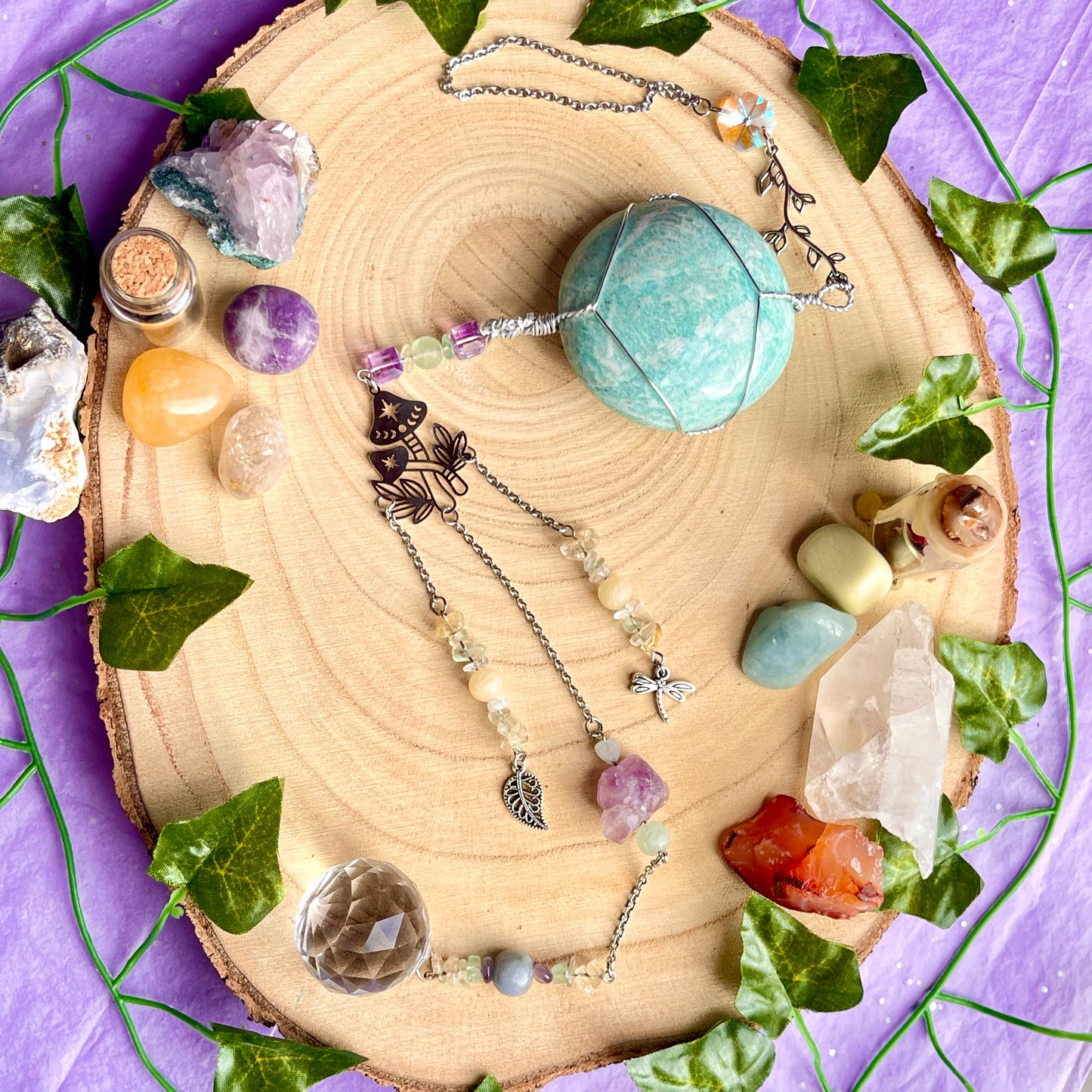 the magick tree sun catcher - amazonite, fluorite, amethyst, calcite, clear quartz, citrine & angelite