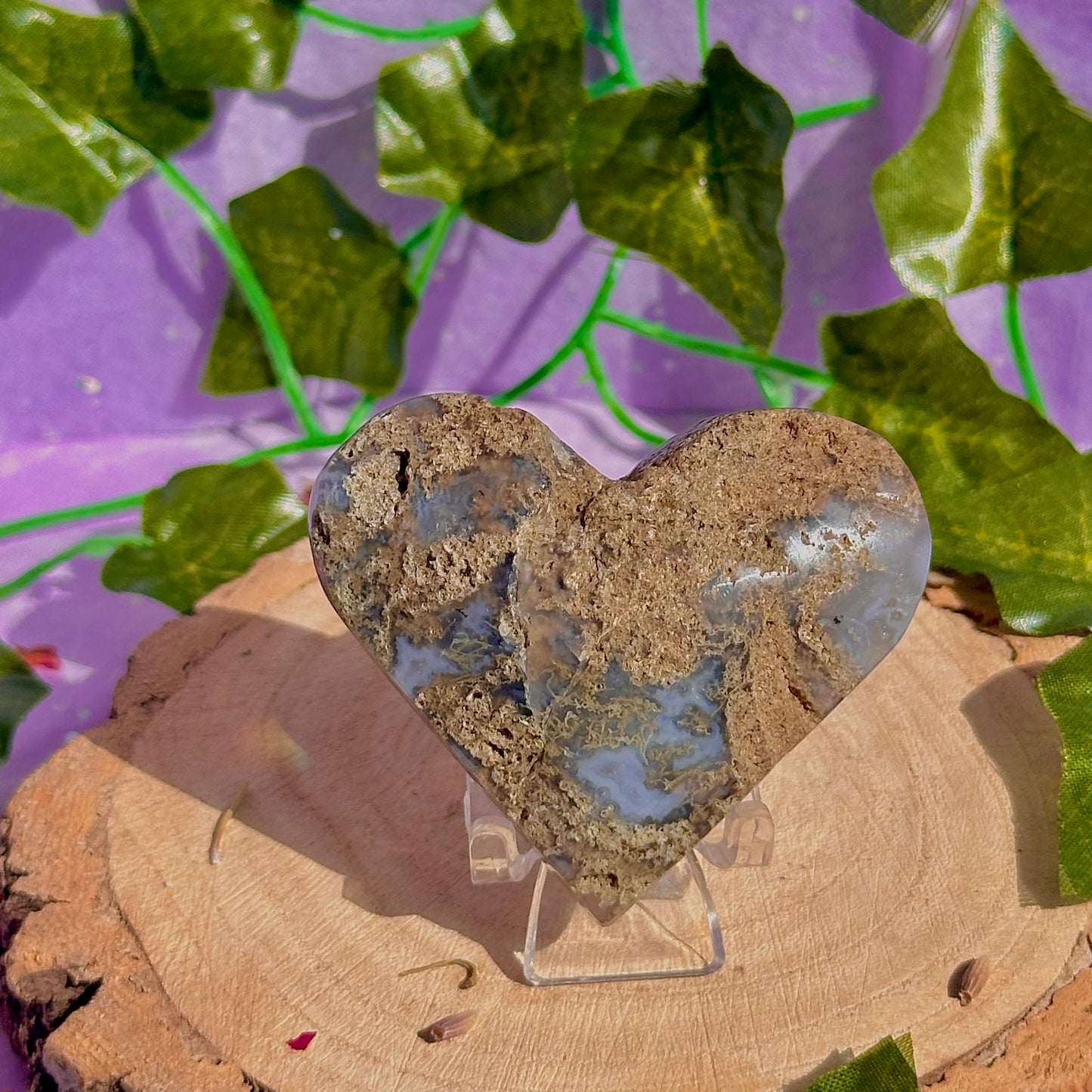 moss agate heart carving with stand