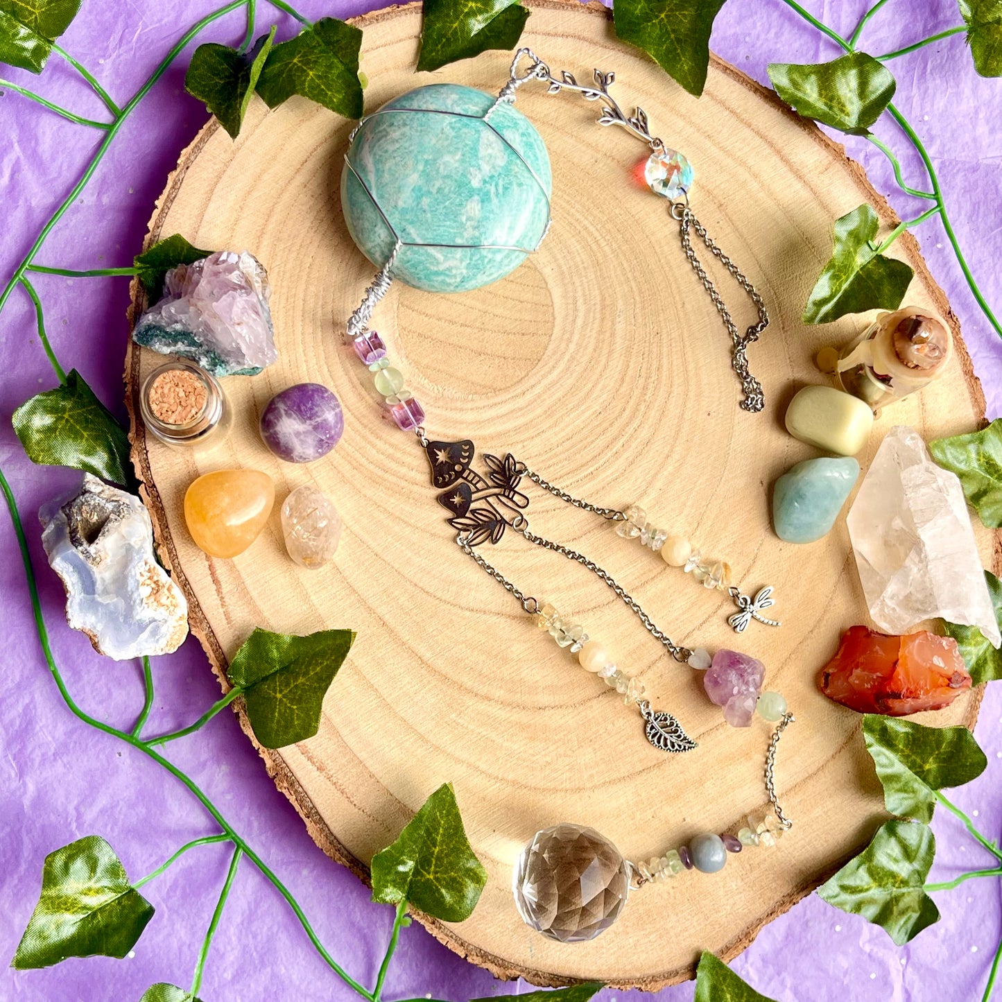 the magick tree sun catcher - amazonite, fluorite, amethyst, calcite, clear quartz, citrine & angelite