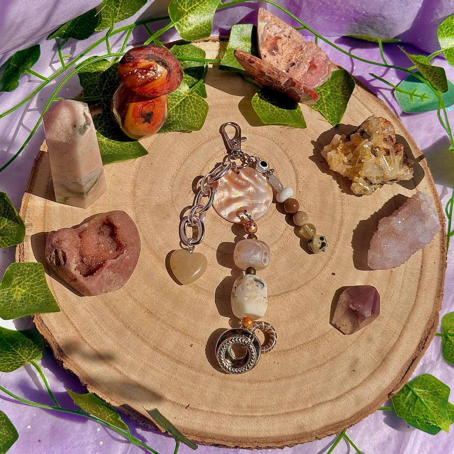 natural bag charm ~ dalmatian jasper, mookaite, ocean jasper, howlite, labradorite & orange aventurine