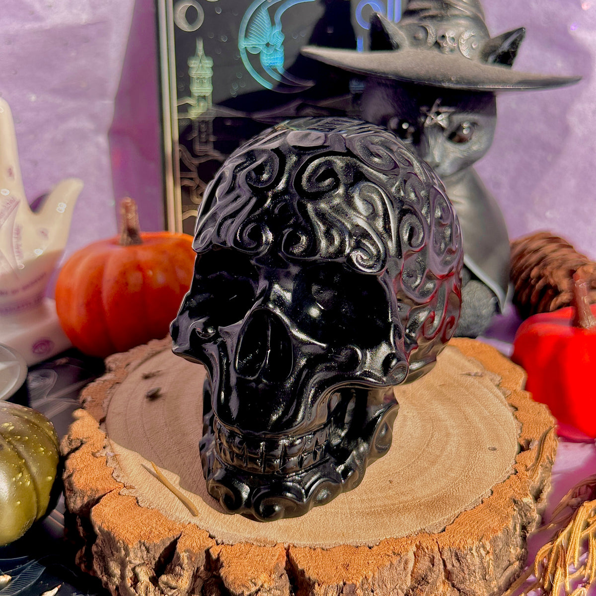 obsidian flower skull carving
