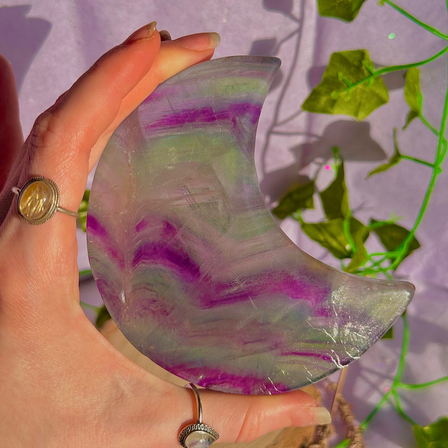 rainbow fluorite moon carving