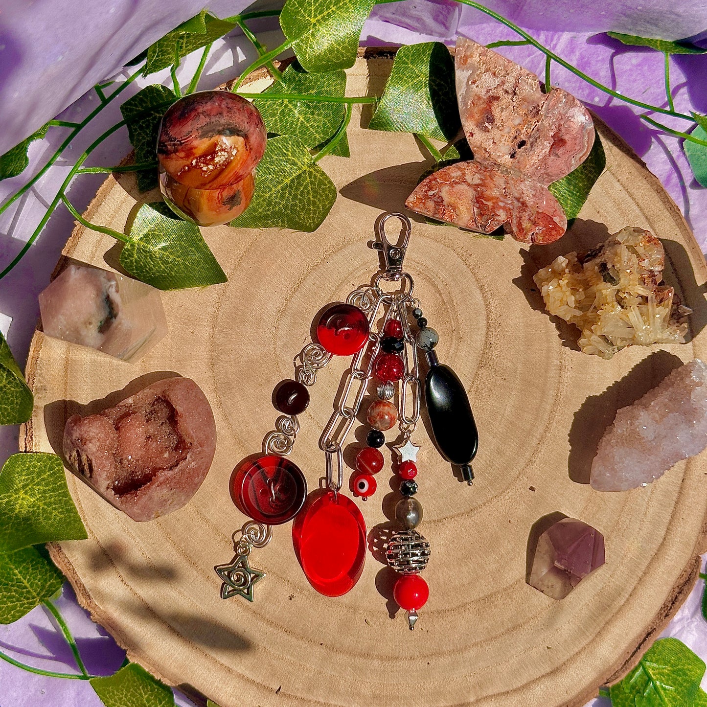 push the button bag charm ~ carnelian, obsidian, crazy lace agate, hematite, snowflake obsidian