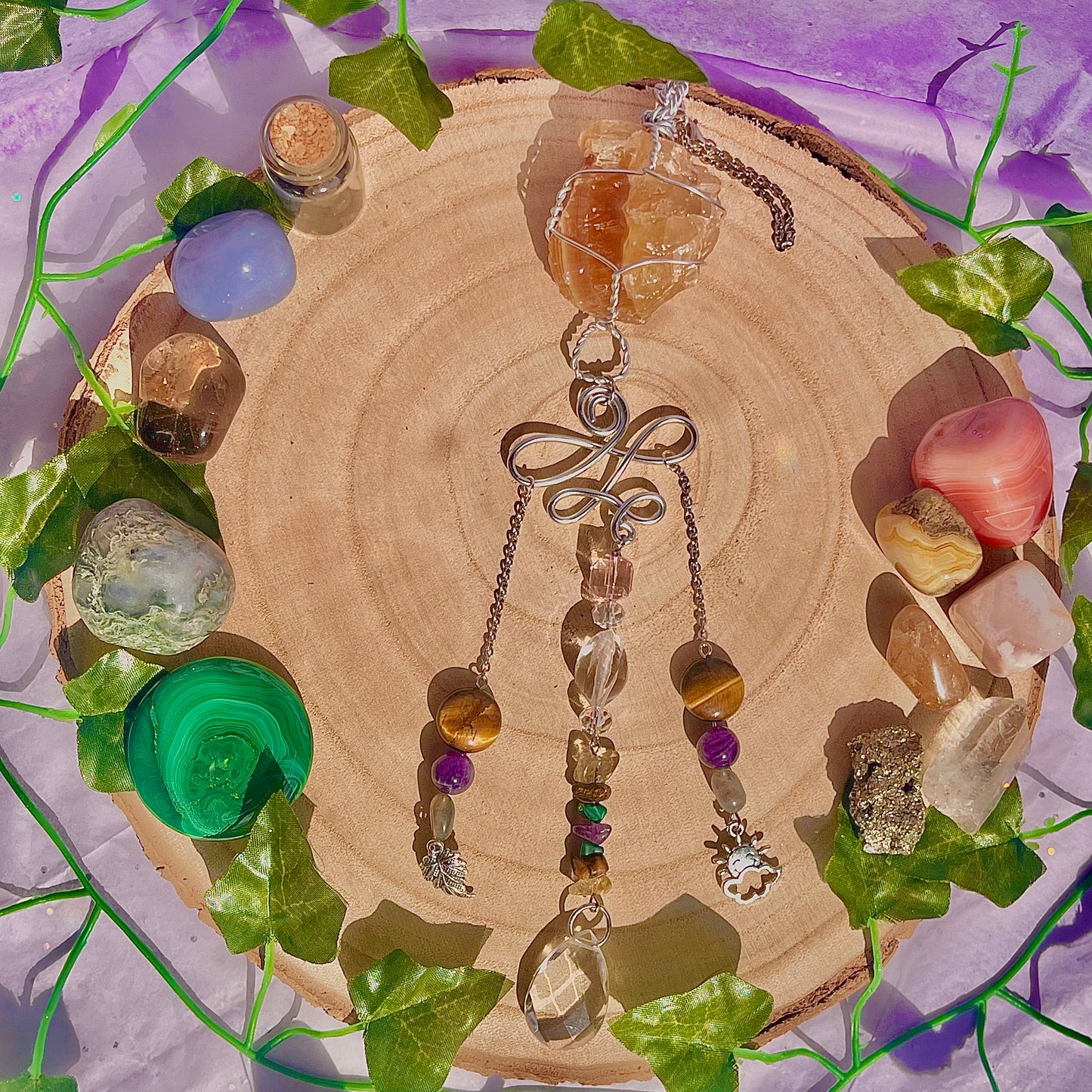 autumn sun suncatcher / wall hanging ~ honey calcite, tigers eye, amethyst, labradorite, malachite & citrine