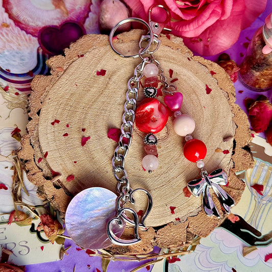 bow bag charm / keyring ~ rose quartz & strawberry quartz