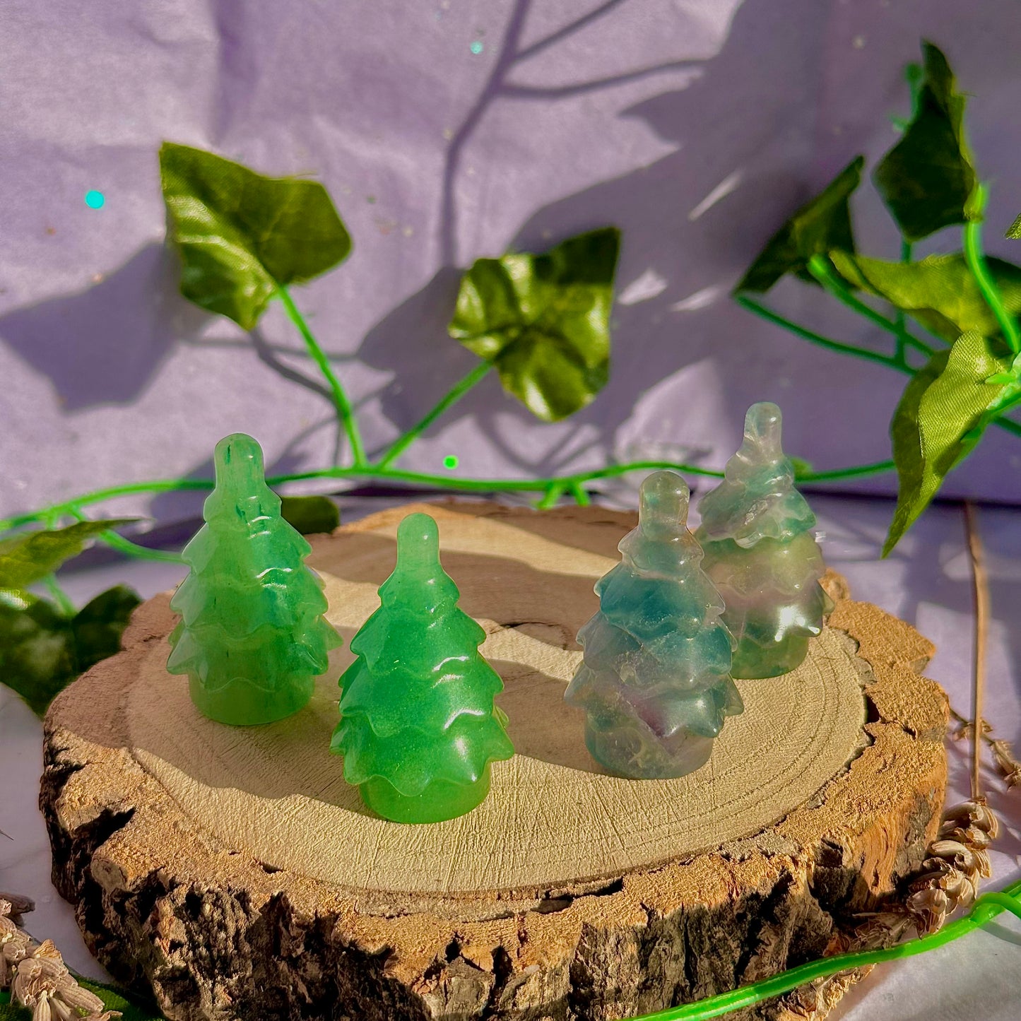 Sculptures de sapins de Noël, aventurine verte et fluorite arc-en-ciel ~ choisissez la vôtre