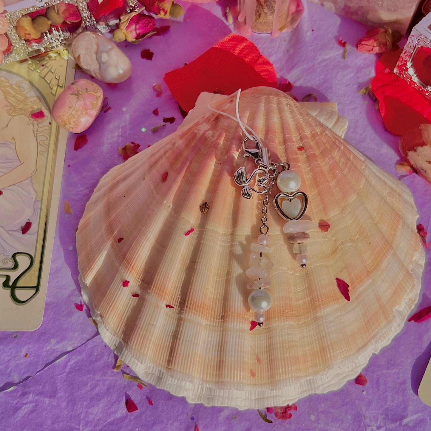 new love phone charm ~ amazonite, moonstone, rhodonite, rose quartz & faux pearls