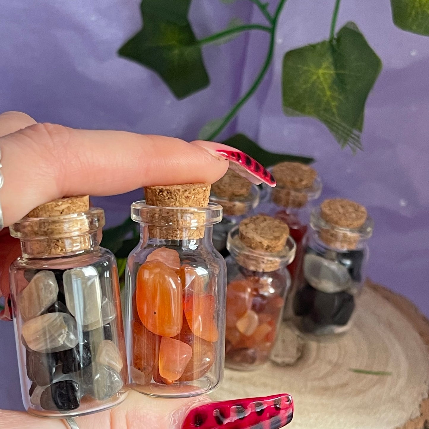 crystal vials - carnelian, black tourmaline & black moonstone