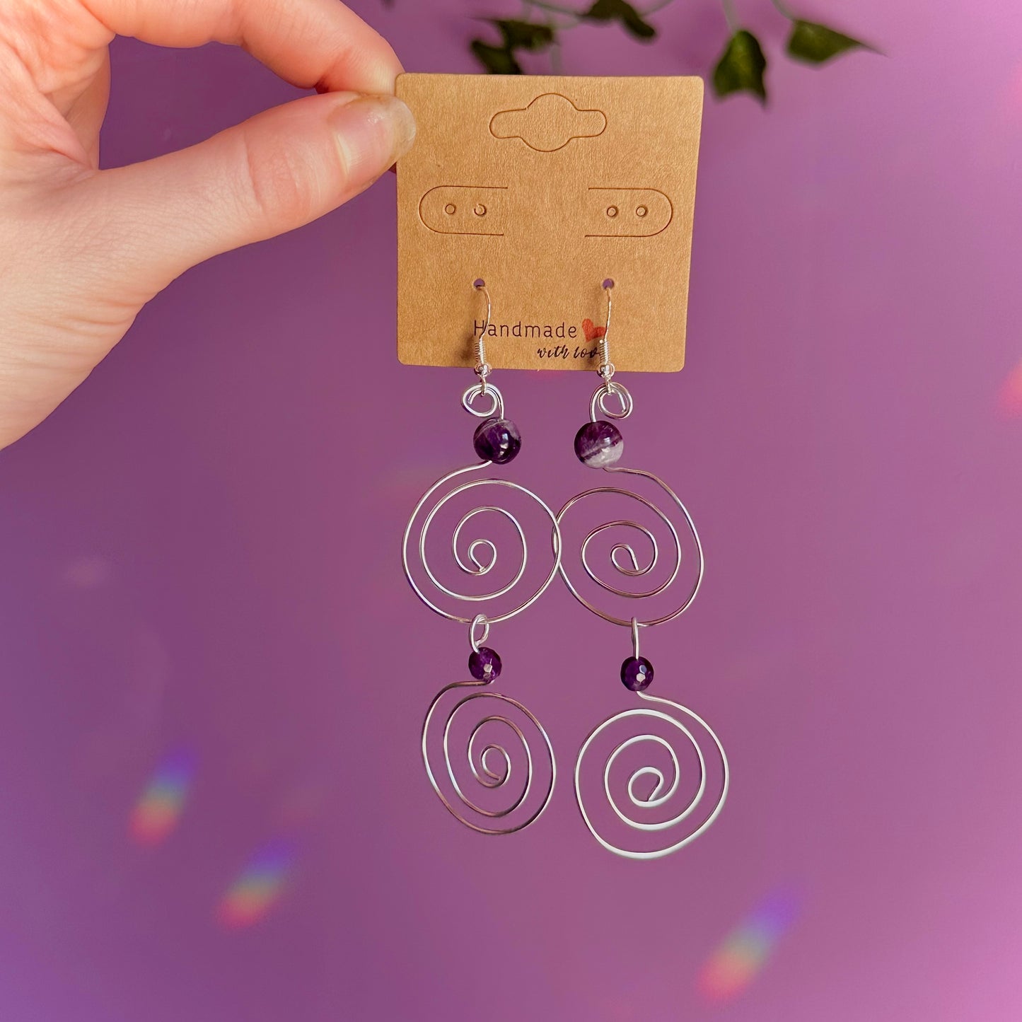 amethyst double spiral earrings on 925 hooks