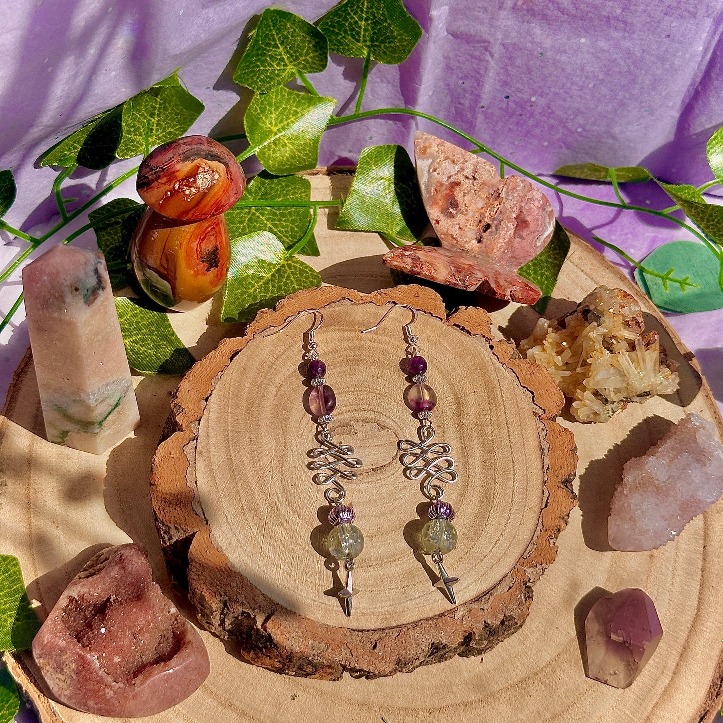 sunset lanterns earrings ~ amethyst, fluorite on 925 hooks