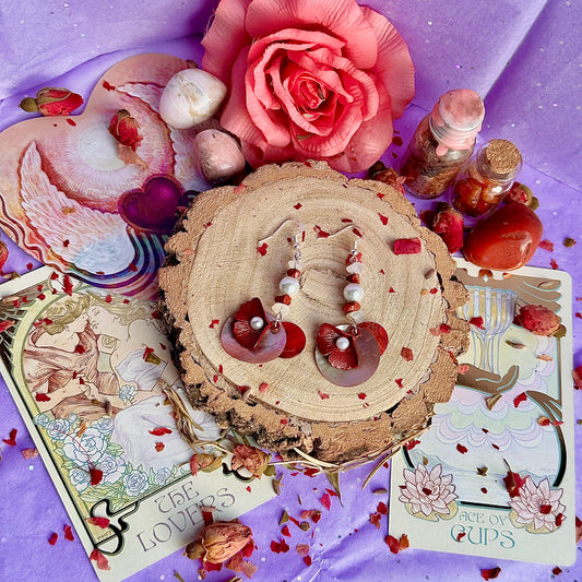 moonstone & red jasper pearl shell earrings ~ sterling silver on 925 hooks