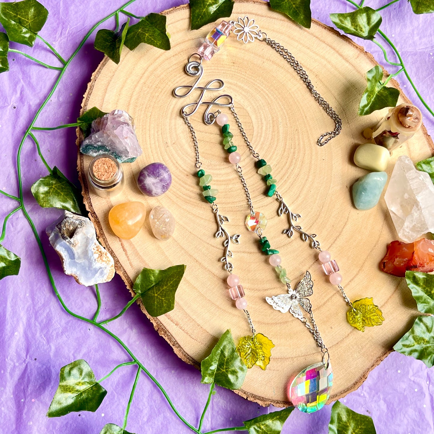 spring garden sun catcher - rose quartz, green aventurine & malachite