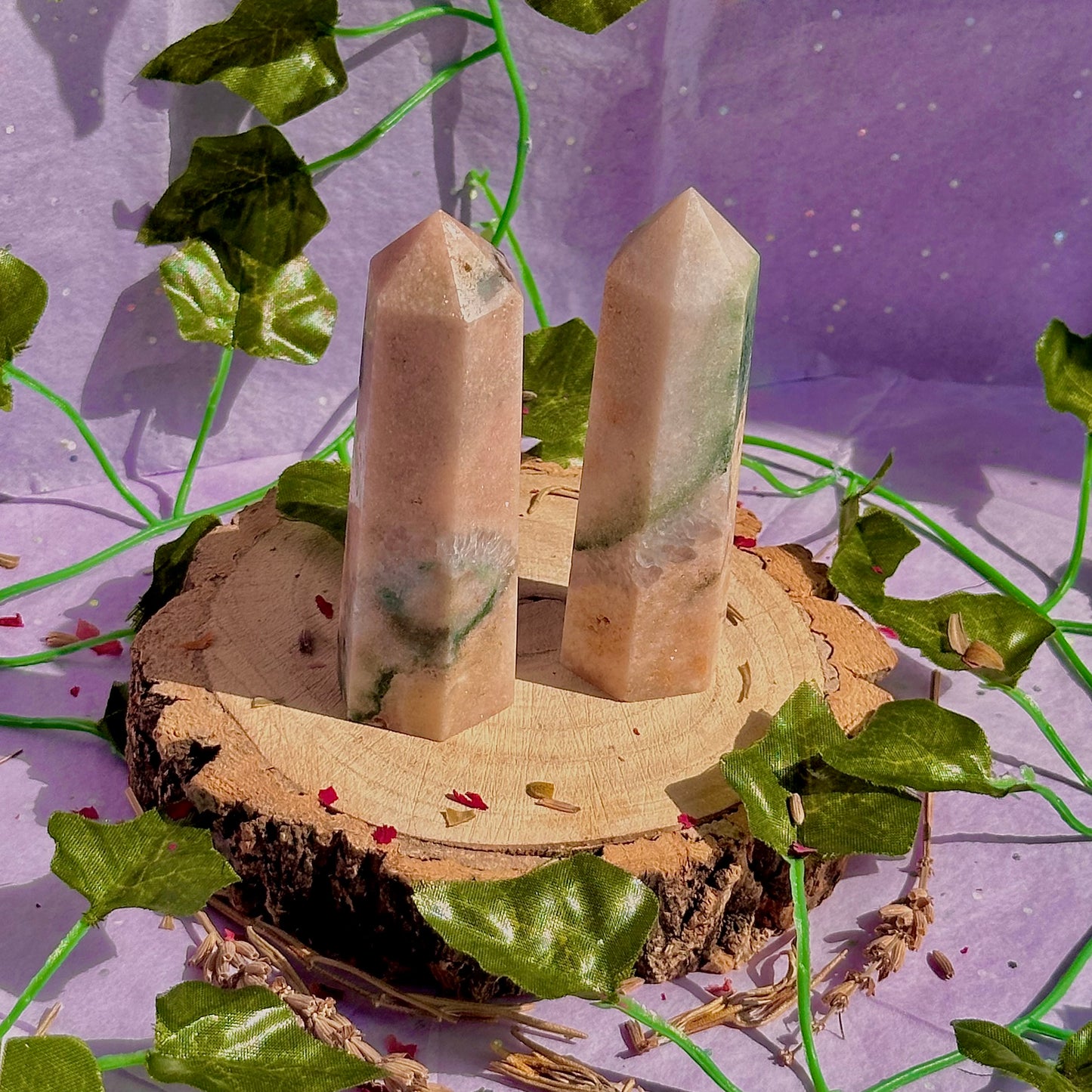 pink amethyst with green jasper towers ~ intuitively chosen
