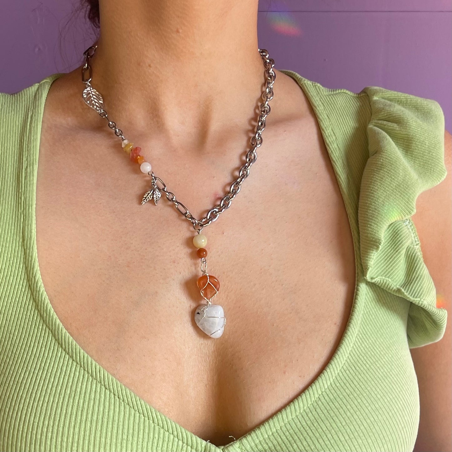 candy corn necklace (rainbow moonstone, carnelian, calcite, orange aventurine, quartz)