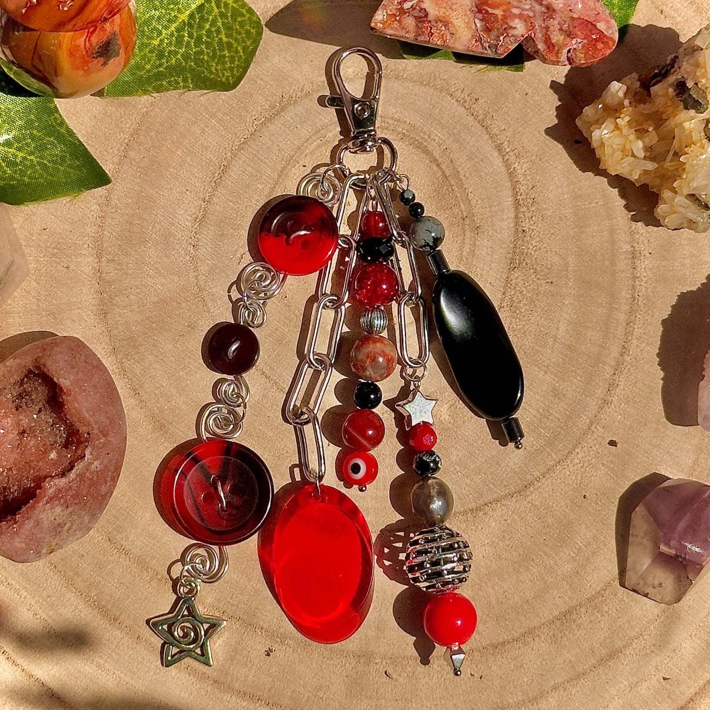 push the button bag charm ~ carnelian, obsidian, crazy lace agate, hematite, snowflake obsidian