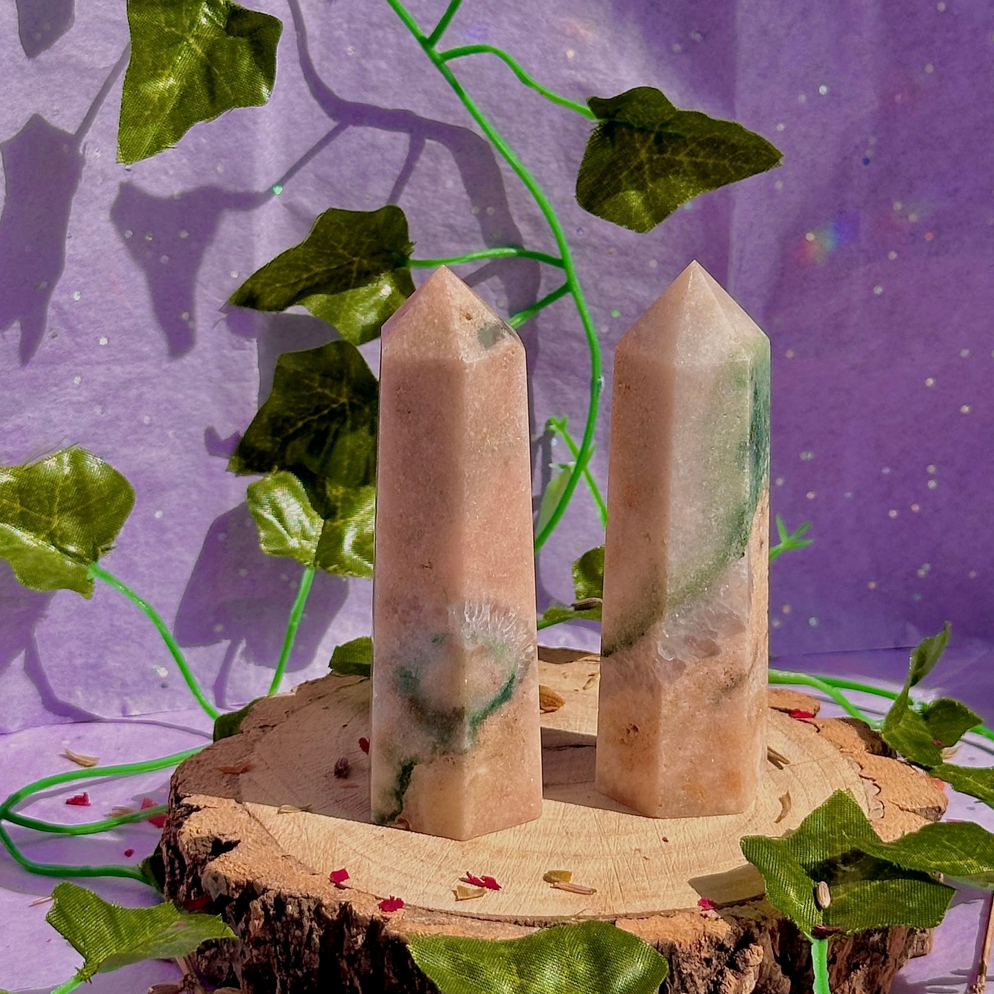 pink amethyst with green jasper towers ~ intuitively chosen