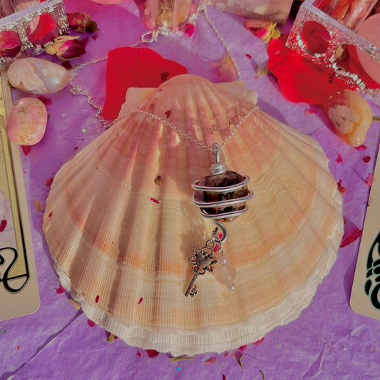 wrapped around my heart necklace sterling silver plated 18 inch chain ~ rhodonite, morganite with faux pearls