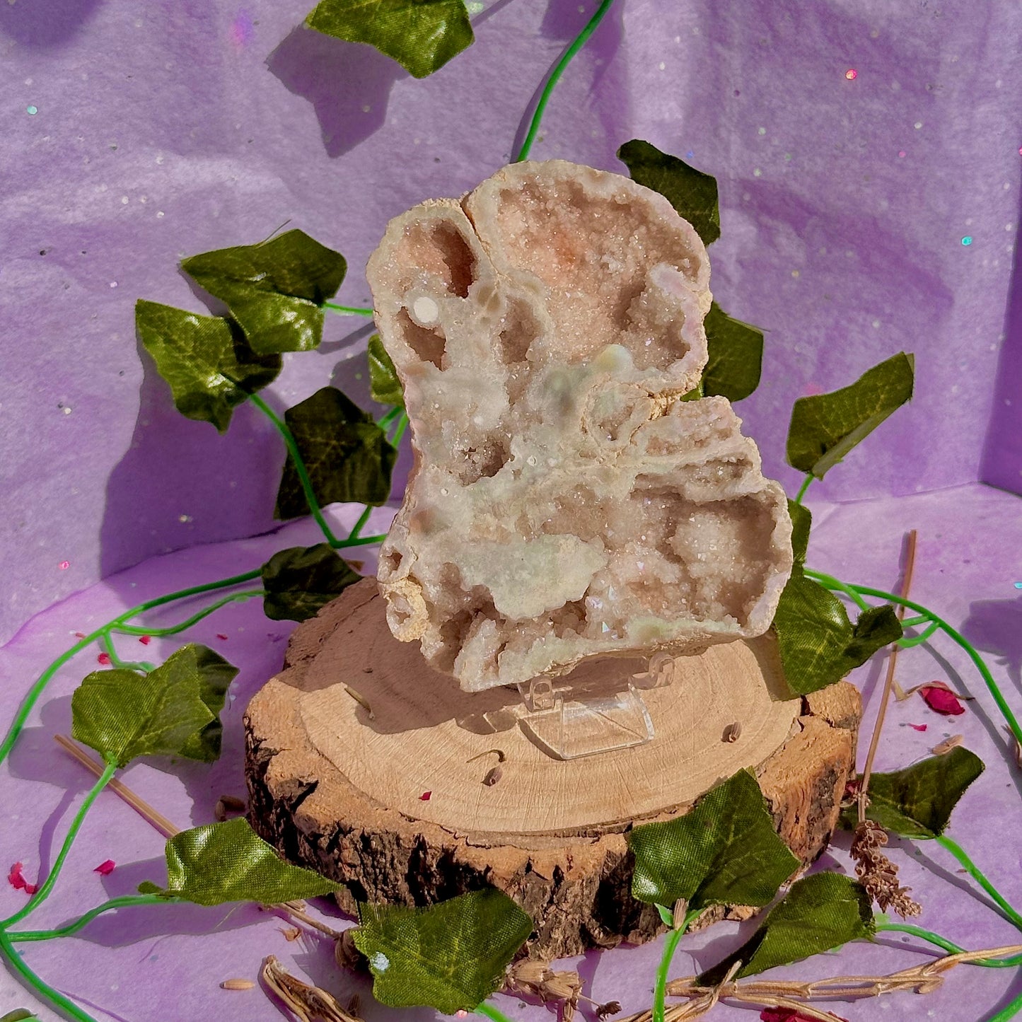 aura druzy quartz geode with stand