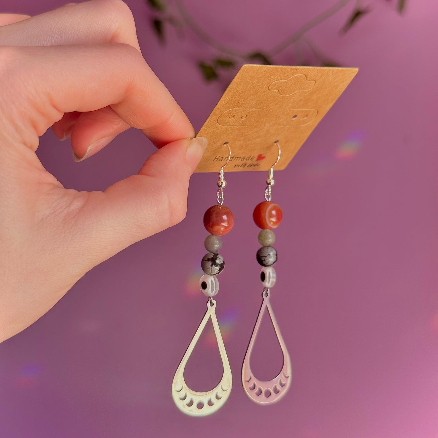 moon phase earrings on 925 hooks ~ carnelian, snowflake obsidian, labradorite