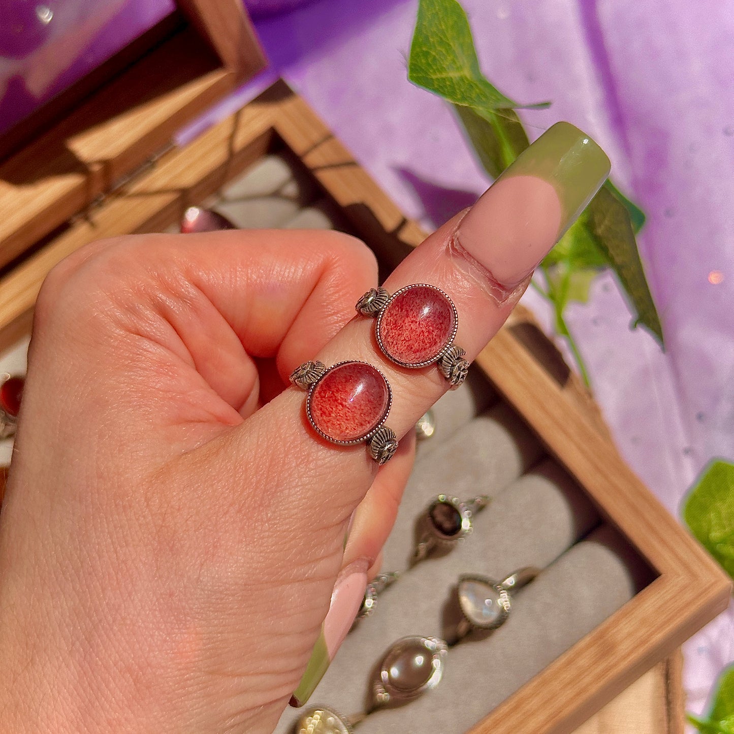 strawberry quartz 925 sterling silver adjustable ring ~ style b