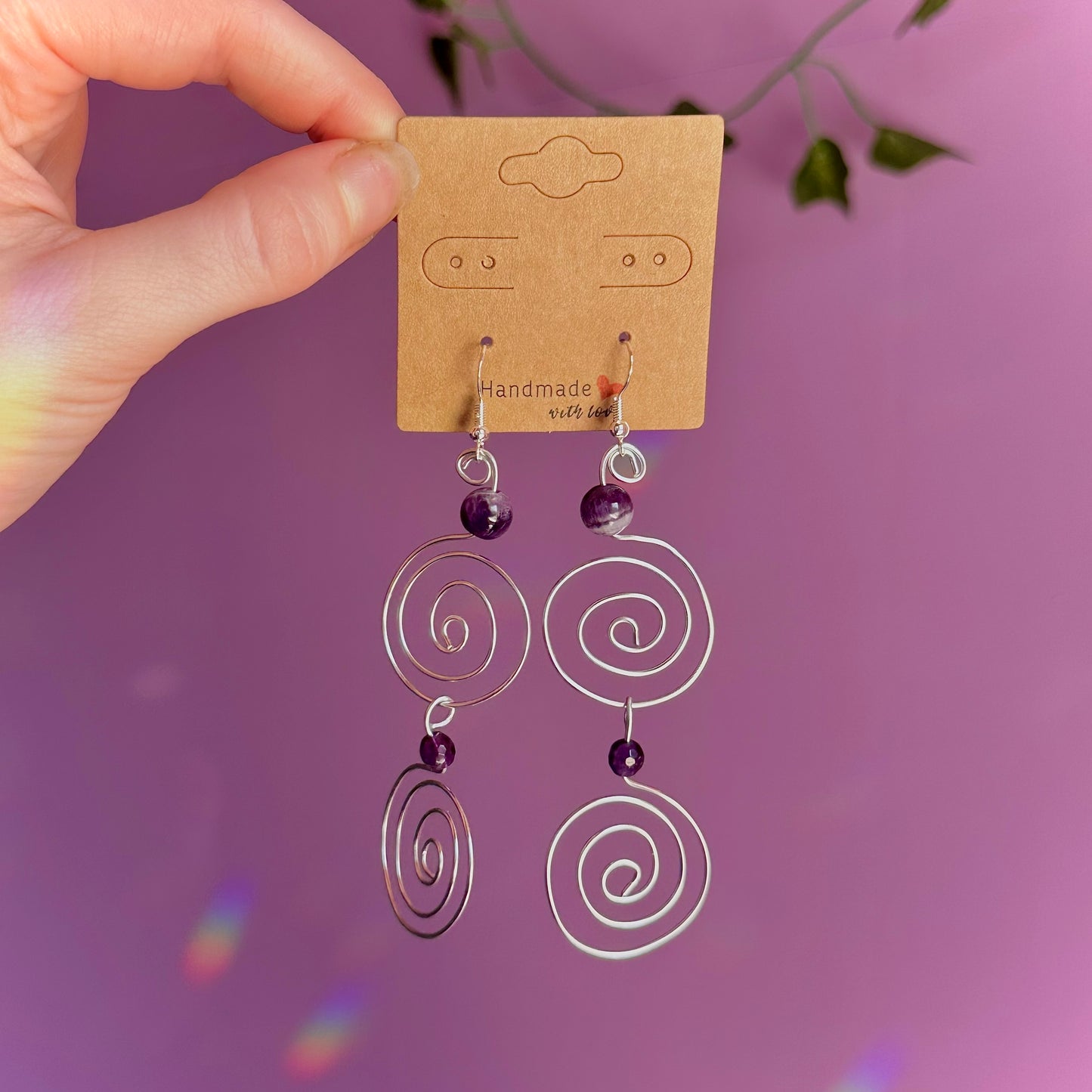 amethyst double spiral earrings on 925 hooks