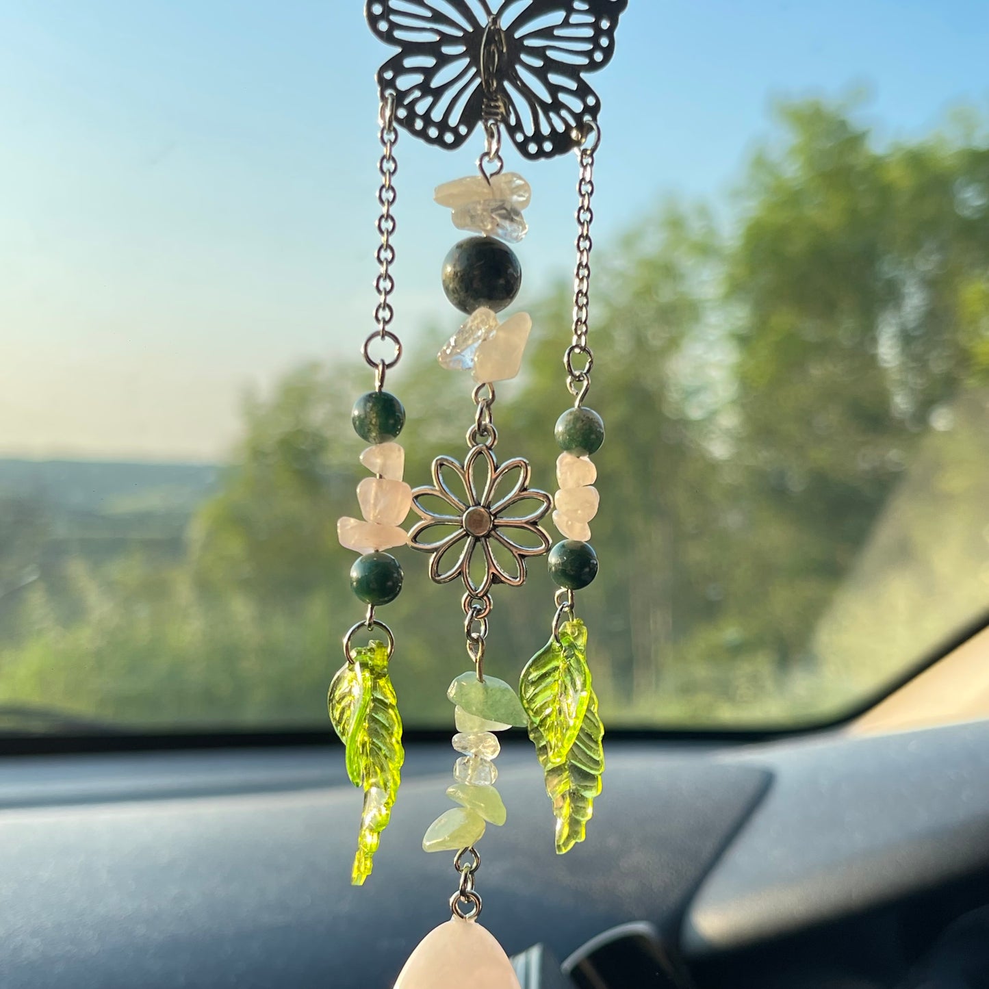 self car charm - rose quartz, moss agate, clear quartz & aventurine
