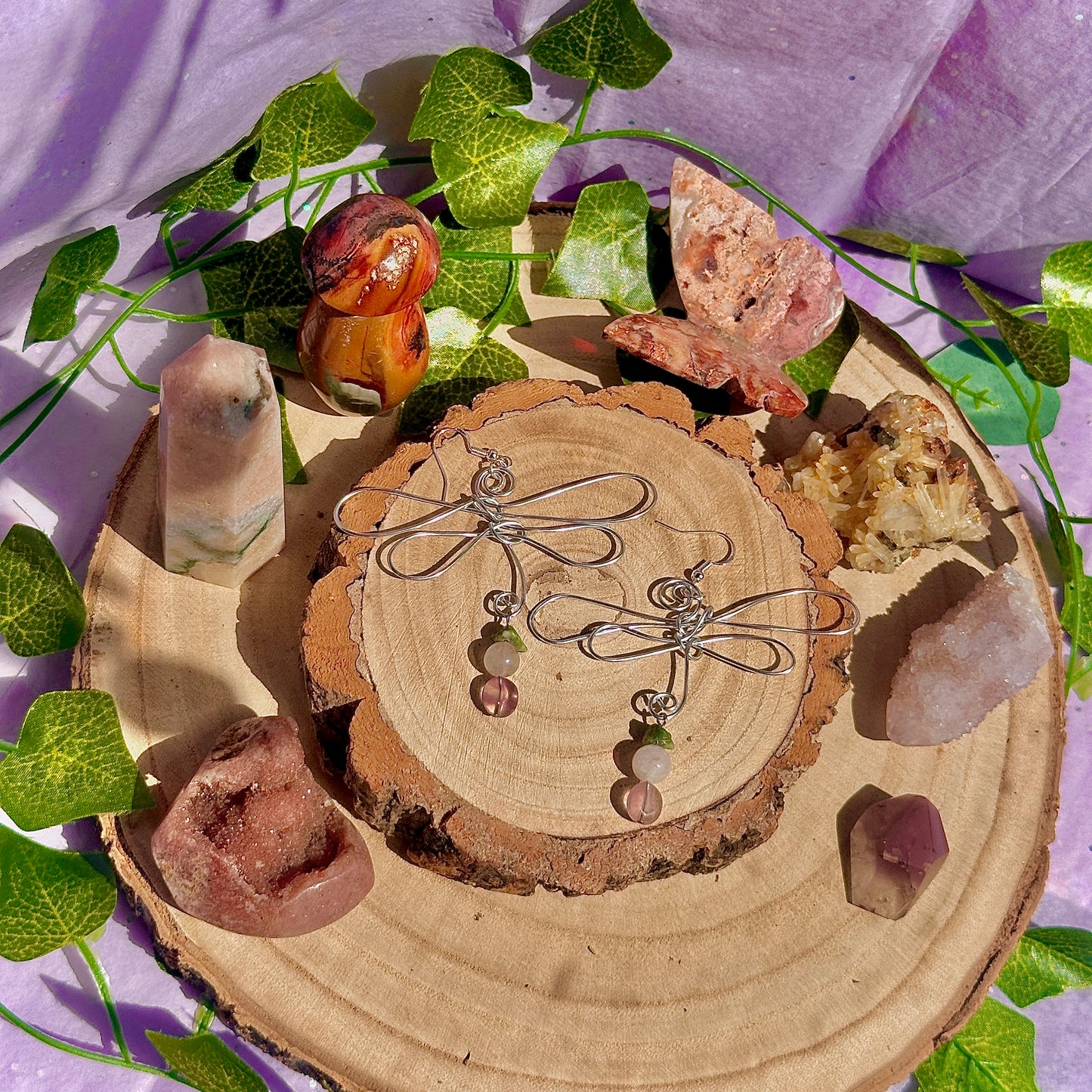dragonfly earrings ~ tree agate, rose quartz, fluorite on 925 hooks