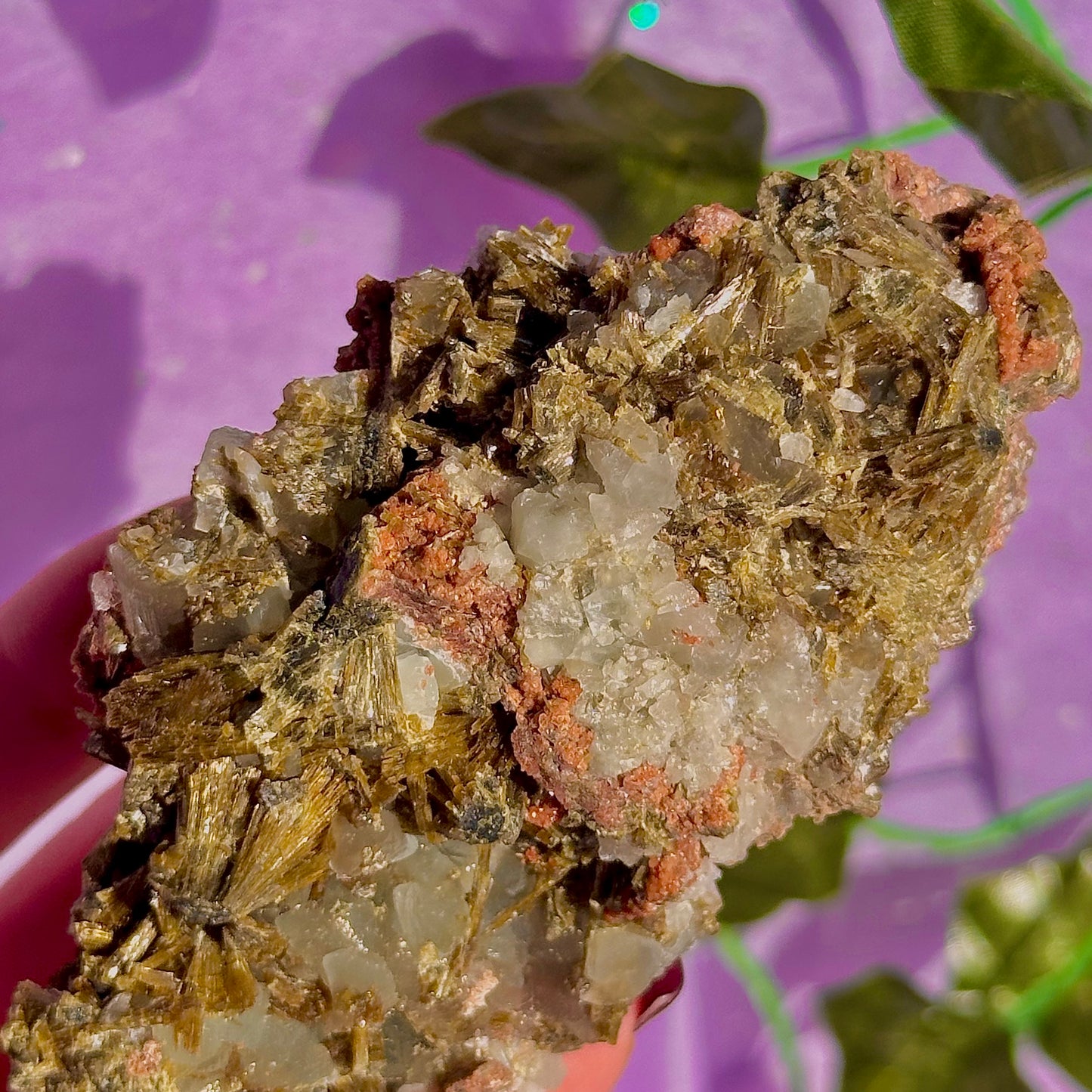 rare spécimen de prehnite, d'épidote forestière et de quartz