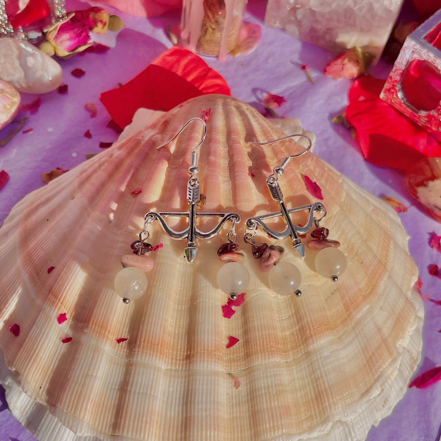 cupid arrows on 925 sterling silver hooks ~ garnet, rhodonite & rose quartz