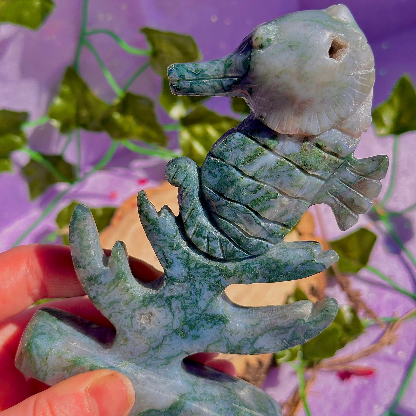 moss agate sea horse carving ~ self standing
