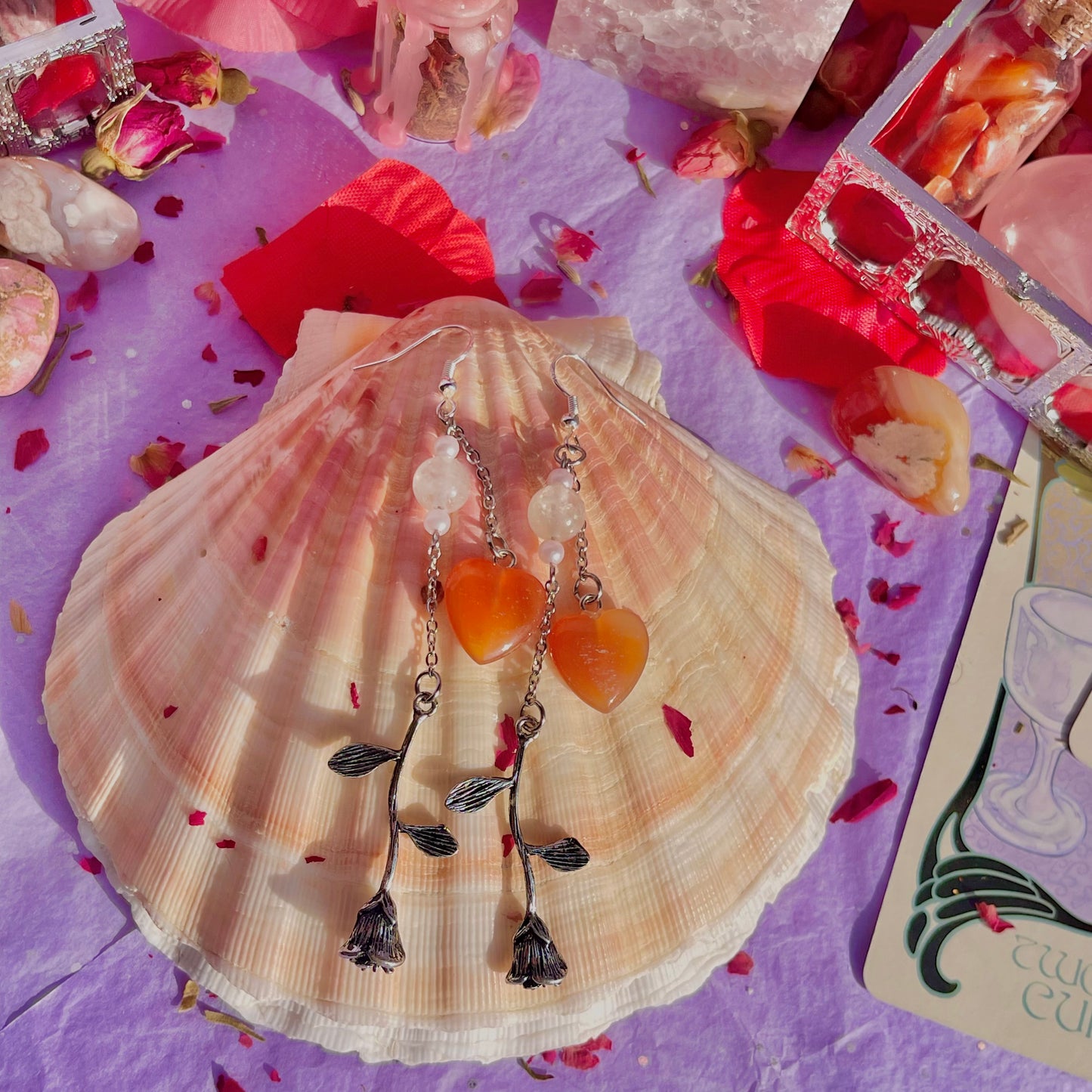 hearts & roses earrings on 925 sterling silver hooks ~ carnelian & rose quartz