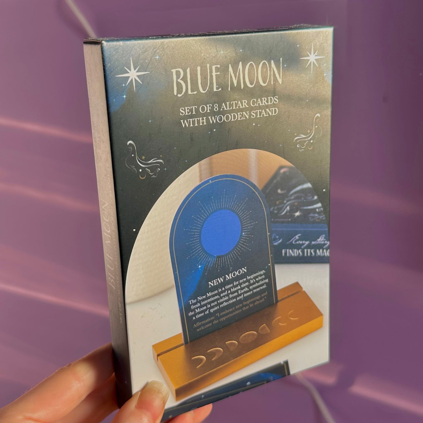 set of 8 moon phase cards with wooden stand