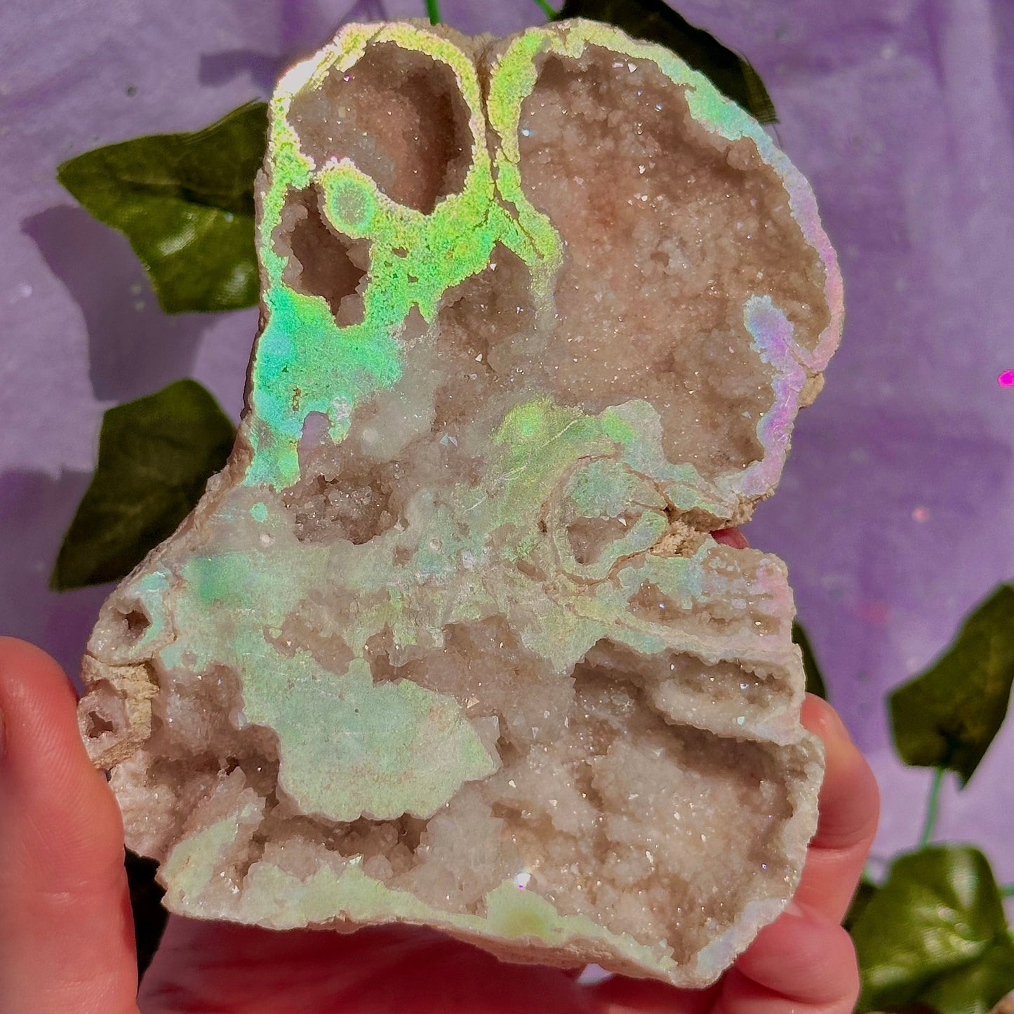 aura druzy quartz geode with stand
