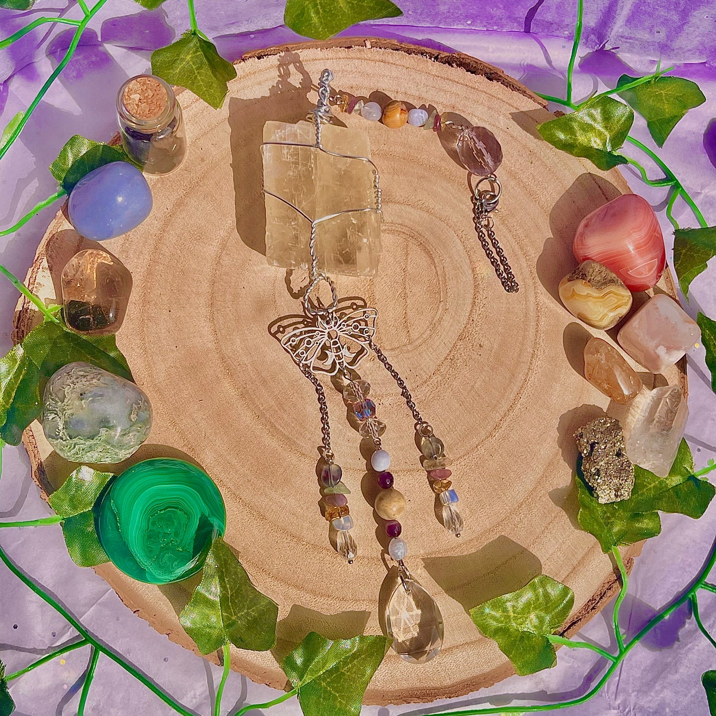 butterfly garden suncatcher / wall hanging ~ optical calcite, crazy lace, blue lace, citrine, lepidolite, fluorite & amethyst