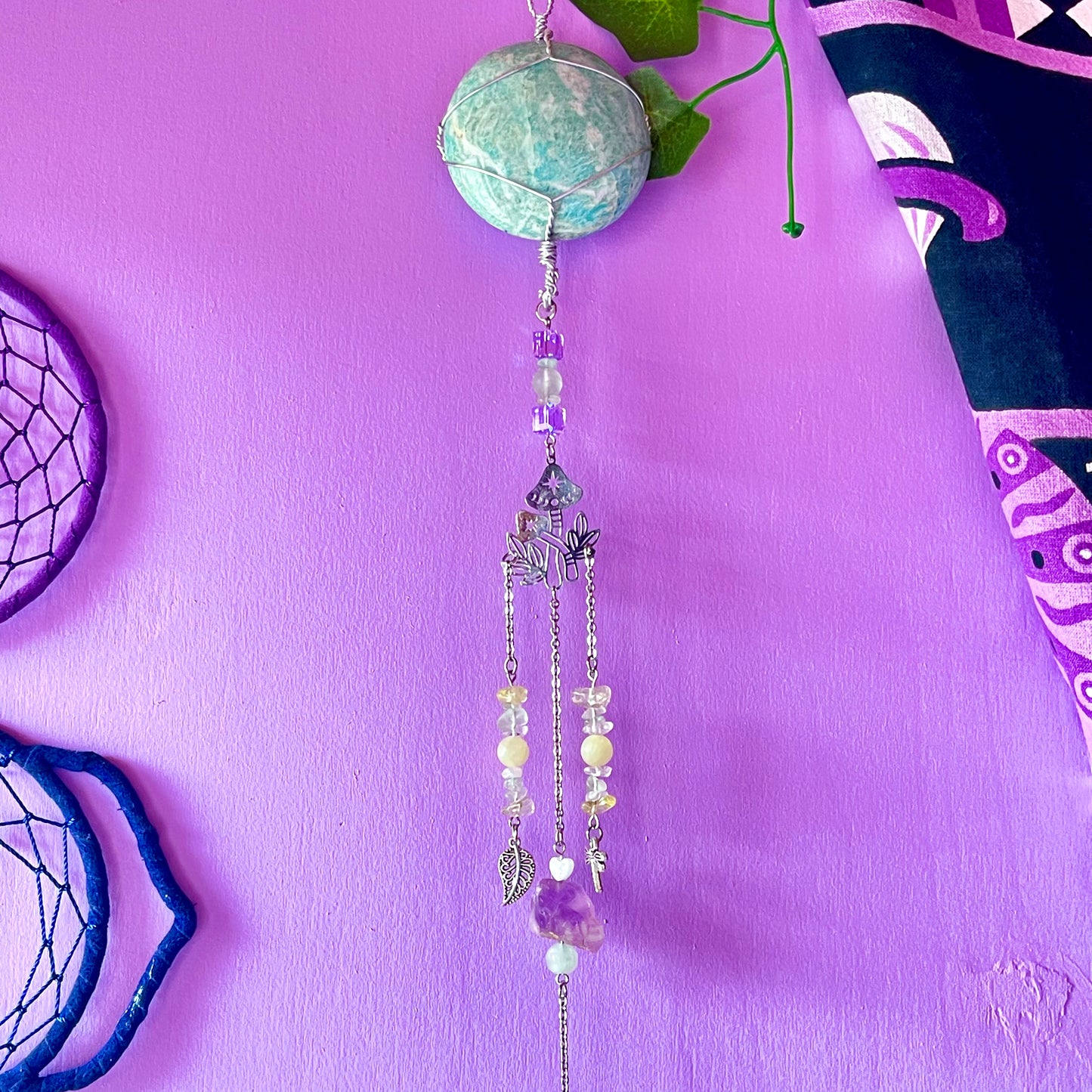 the magick tree sun catcher - amazonite, fluorite, amethyst, calcite, clear quartz, citrine & angelite