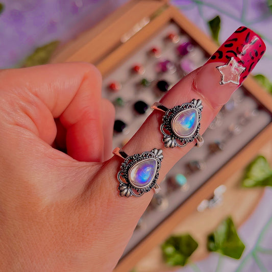rainbow moonstone style D ~ 925 sterling silver adjustable rings / intuitively chosen