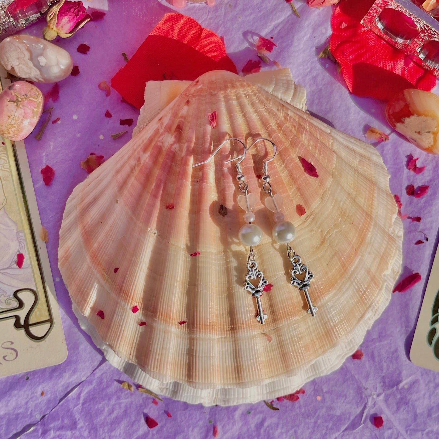 key to my heart earrings on 925 sterling silver hooks ~ rose quartz with faux pearls