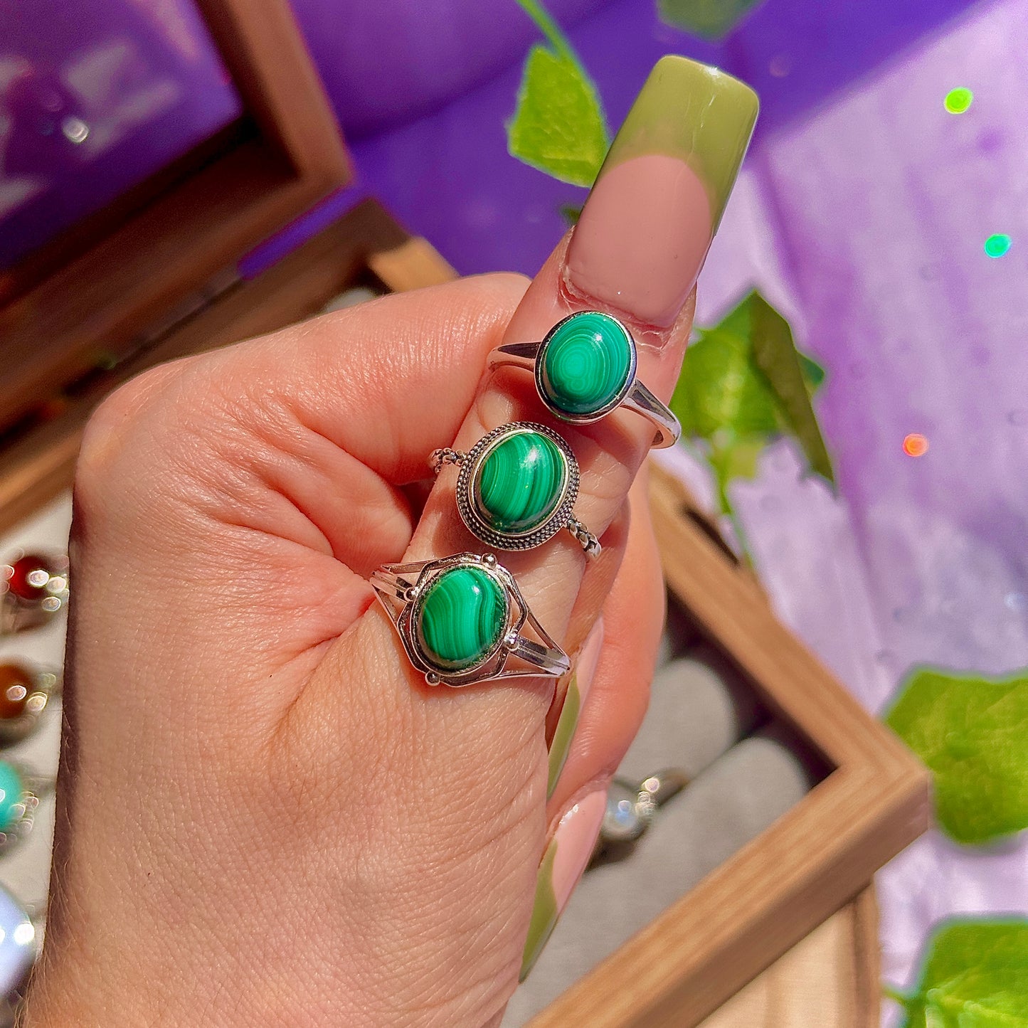 malachite 925 sterling silver adjustable ring