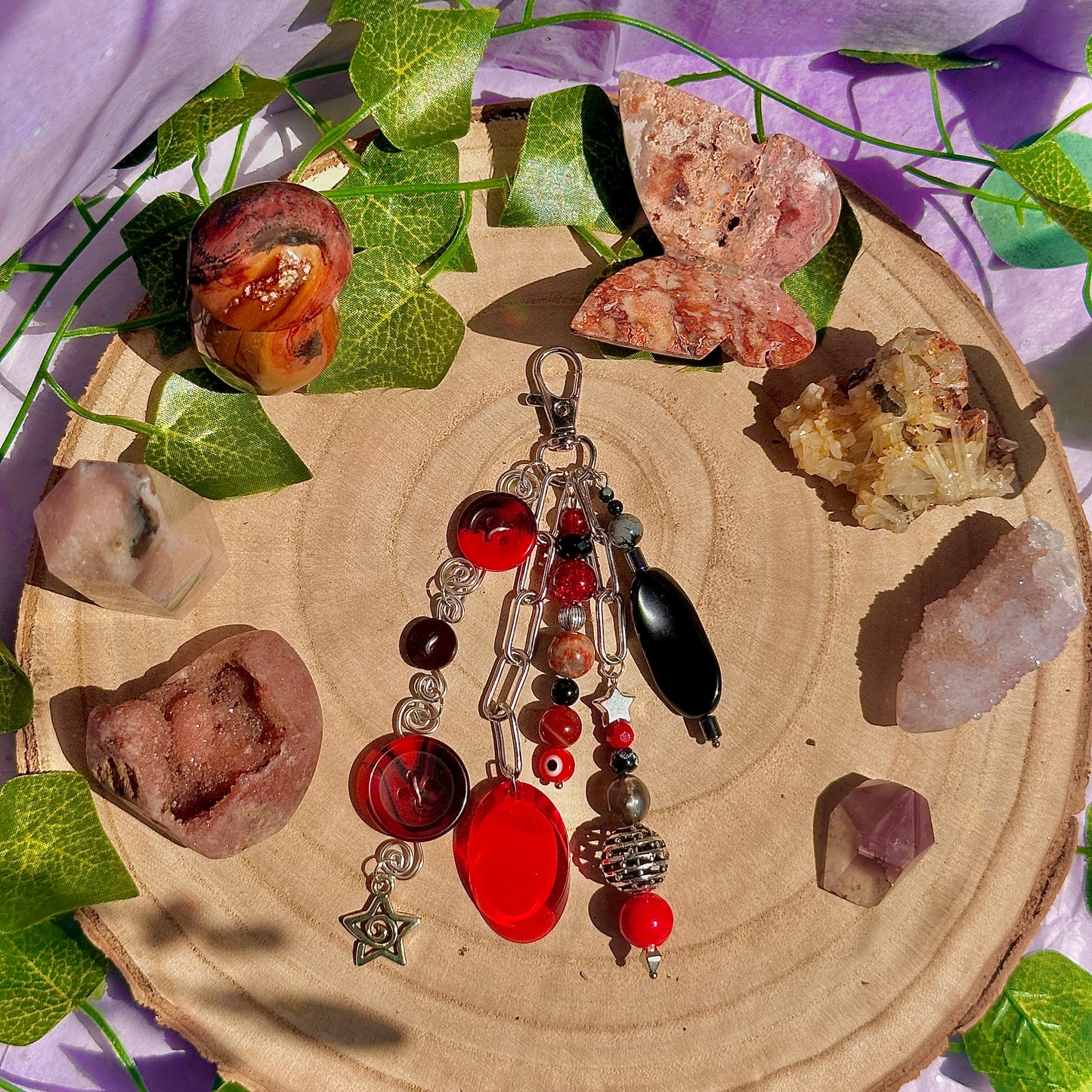 push the button bag charm ~ carnelian, obsidian, crazy lace agate, hematite, snowflake obsidian