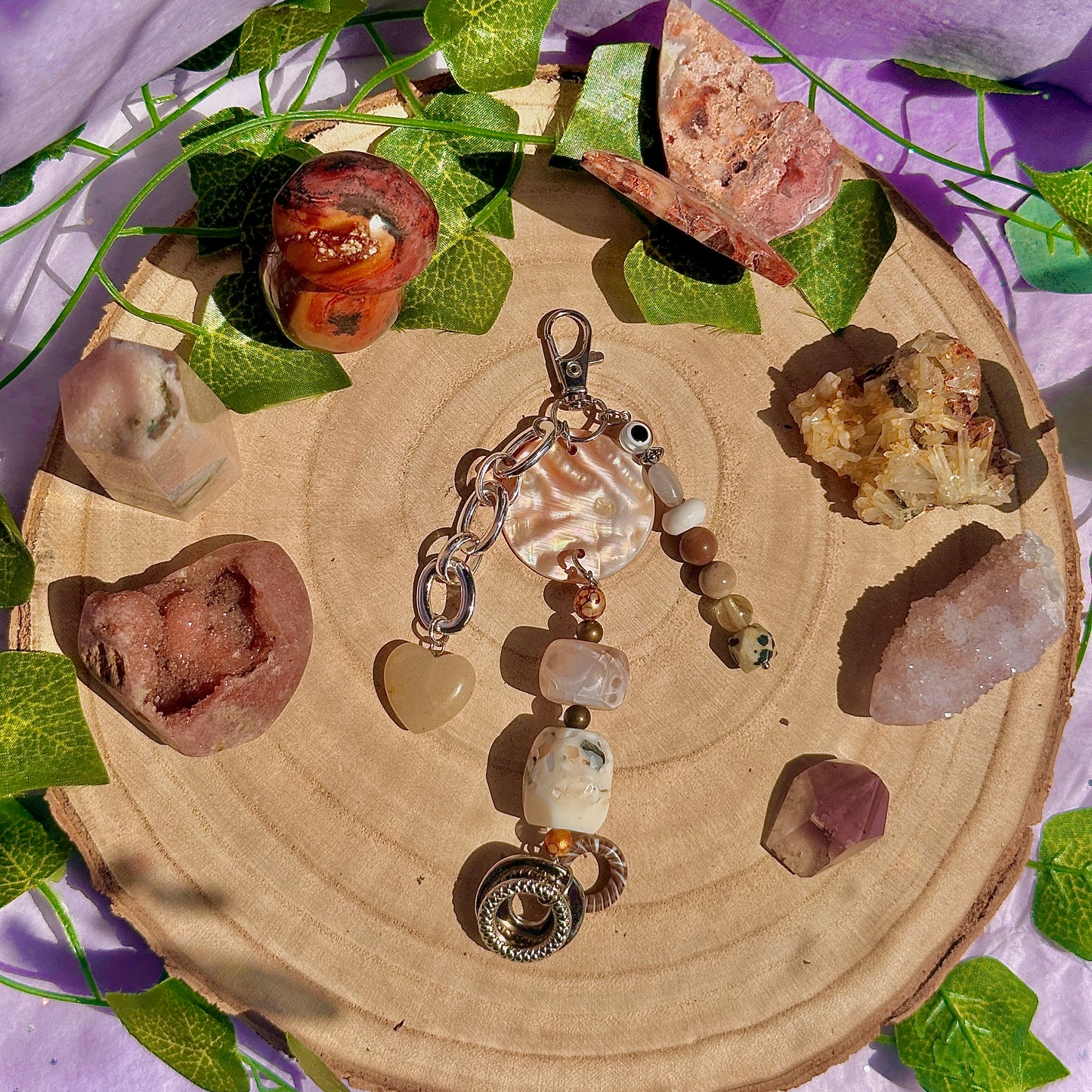 natural bag charm ~ dalmatian jasper, mookaite, ocean jasper, howlite, labradorite & orange aventurine