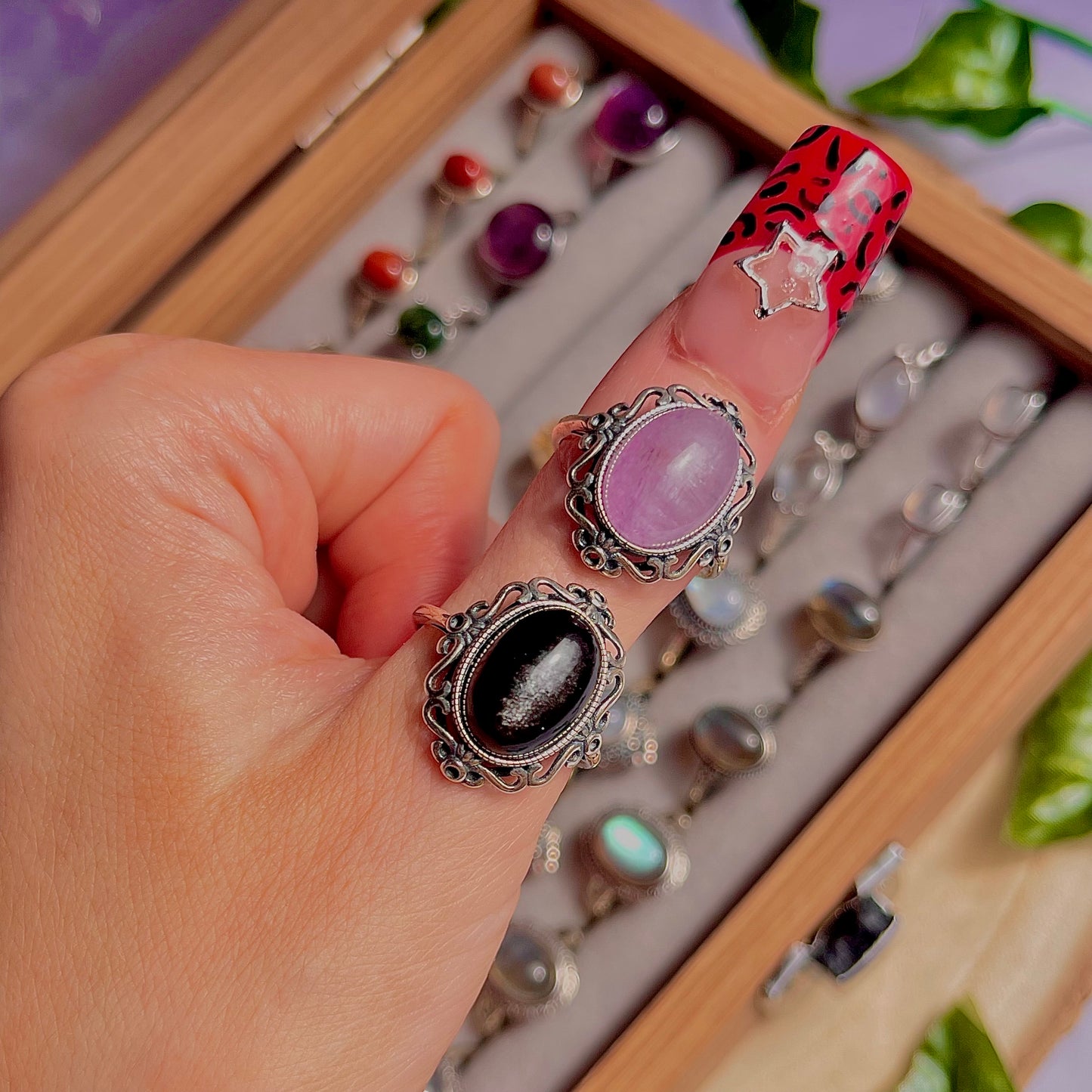 kunzite & silver sheen obsidian ~ 925 sterling silver adjustable rings / choose your own