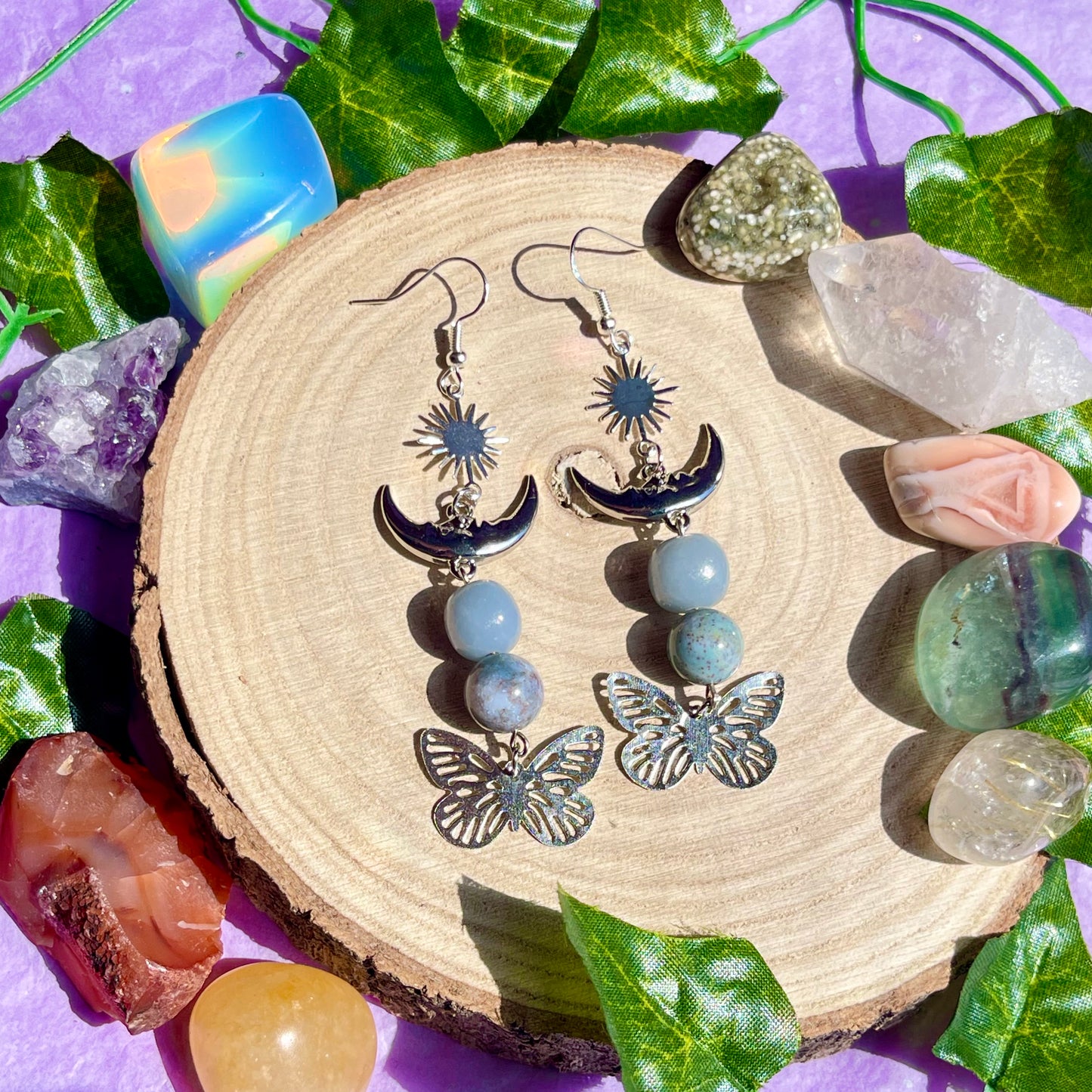 summer wings earrings - angelite & moss agate on 925 hooks