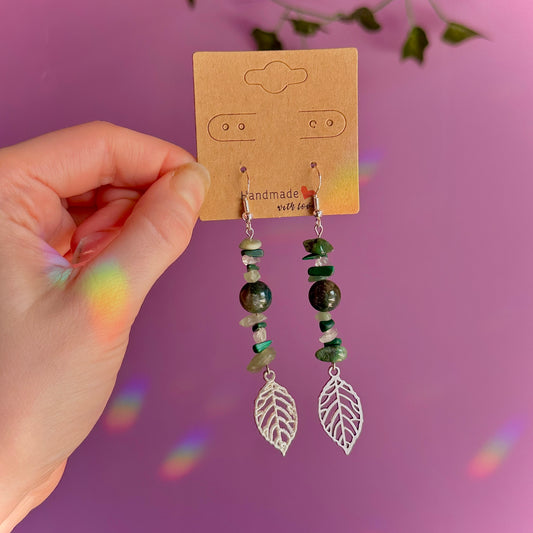 leaf earrings on 925 hooks ~ aventurine, malachite, moss agate, fluorite
