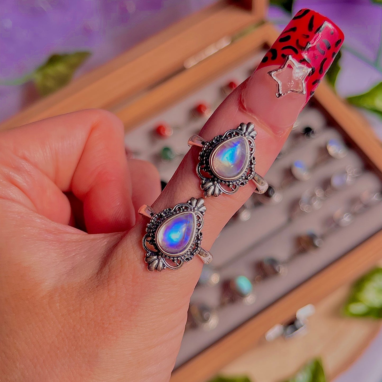 rainbow moonstone style D ~ 925 sterling silver adjustable rings / intuitively chosen