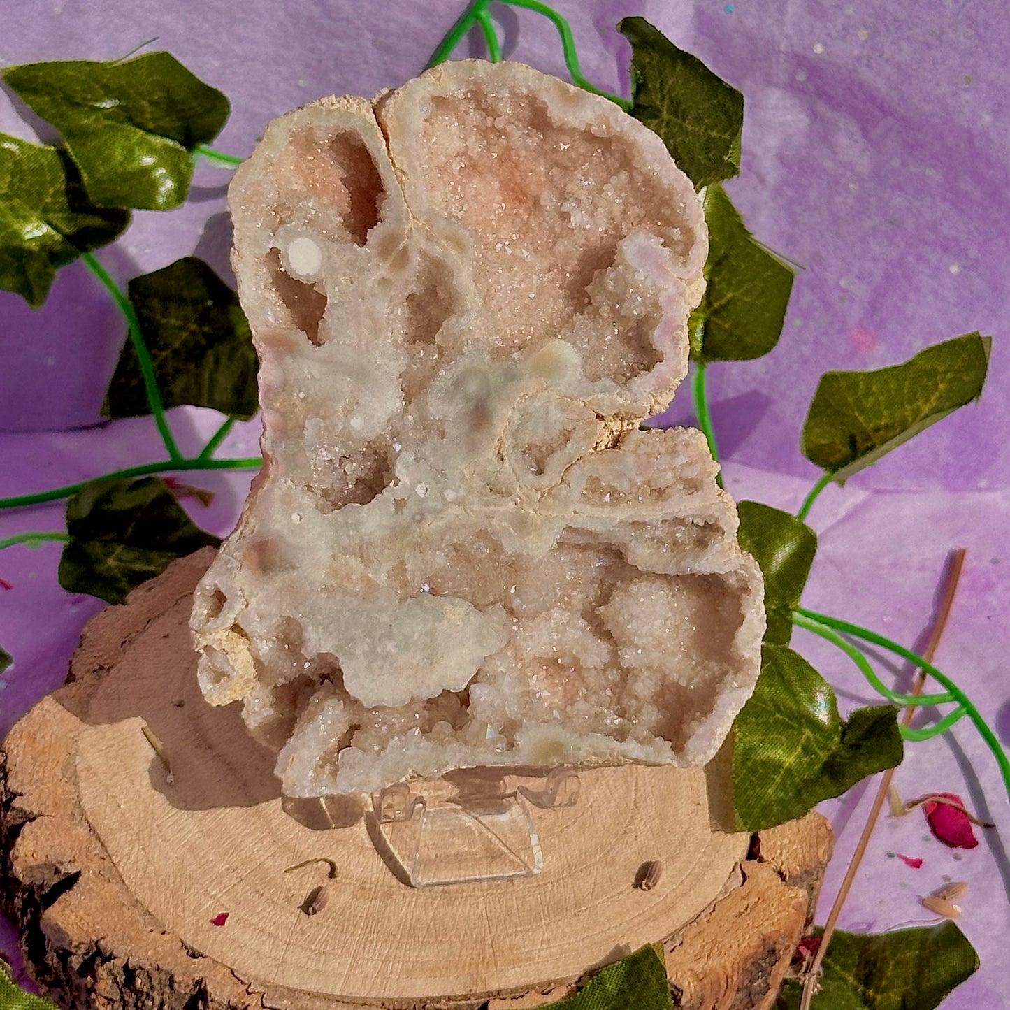 aura druzy quartz geode with stand