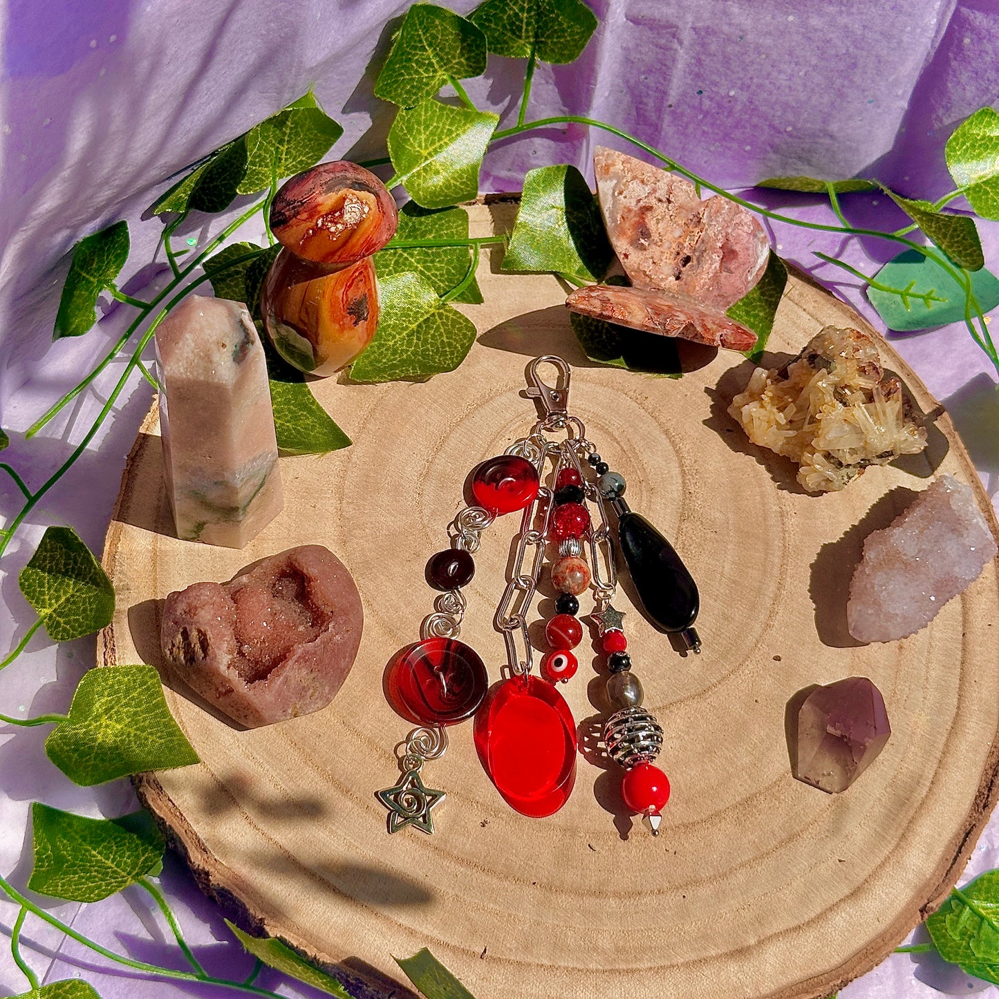 push the button bag charm ~ carnelian, obsidian, crazy lace agate, hematite, snowflake obsidian