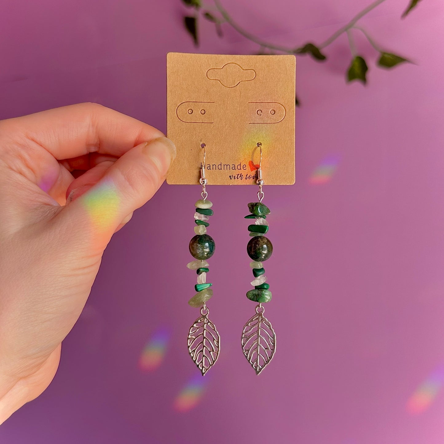 leaf earrings on 925 hooks ~ aventurine, malachite, moss agate, fluorite