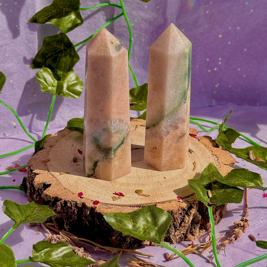 pink amethyst with green jasper towers ~ intuitively chosen